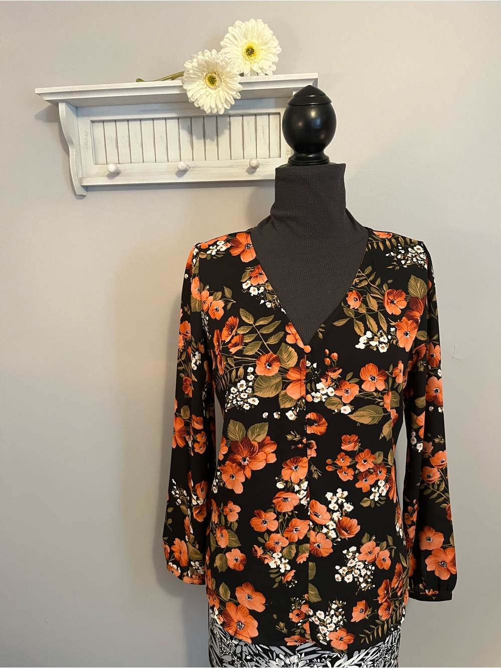 Ann Taylor Black Floral V-Neck Blouse with Orange Blooms and Green Leaves EUC
